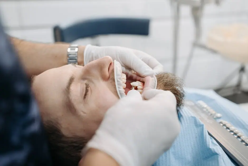 Dentist using shade guide to match patient's teeth color in dental clinic.